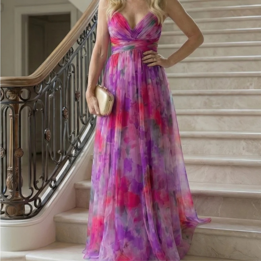 Floral Watercolor Chiffon Maxi Dress - Pink & Purple